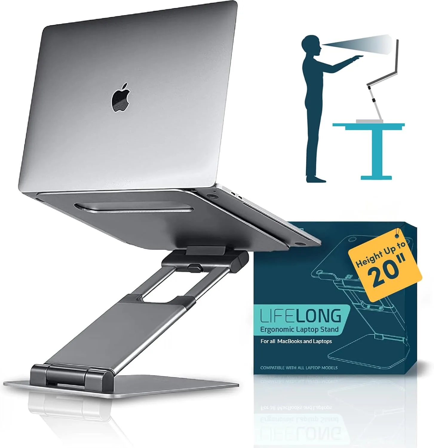 Lifelong Aluminum Adjustable Laptop Stand, Extra Tall 20" Riser, Grey