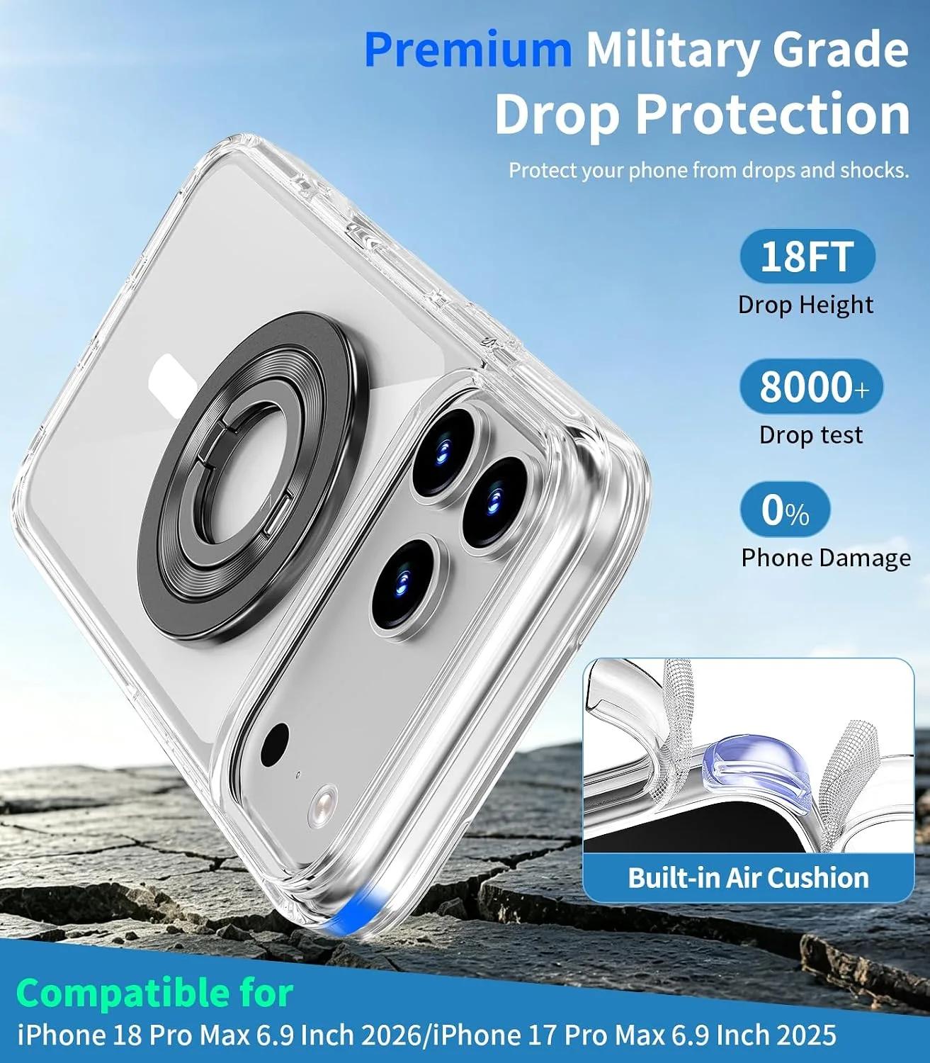 COOLQO for iPhone 18/17 Pro Max Case Clear 360 Spin Magnetic Black Stand