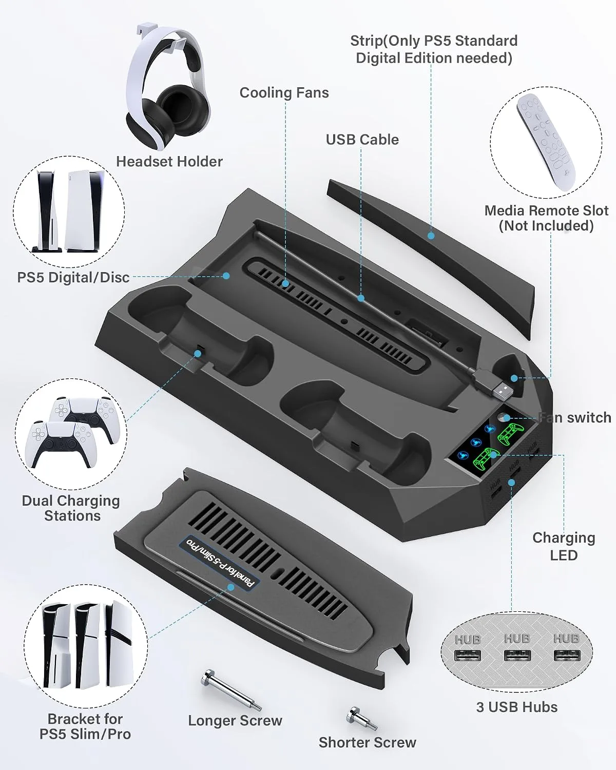 PS5/PS5 Slim/PS5 Pro Stand and Cooling Station with Dual Controller Charging Station for PlayStation 5 Console, PS5 Accessories Incl. Controller Charger, Cooling Fan, Headset Holder, 3 USB Hub, Black