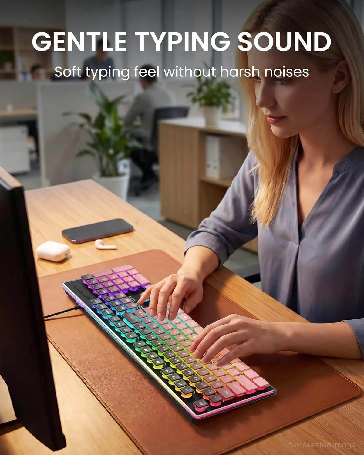 Wired Keyboard with RGB Backlit, Never Fade, Soft Click Typing, Black&Pink