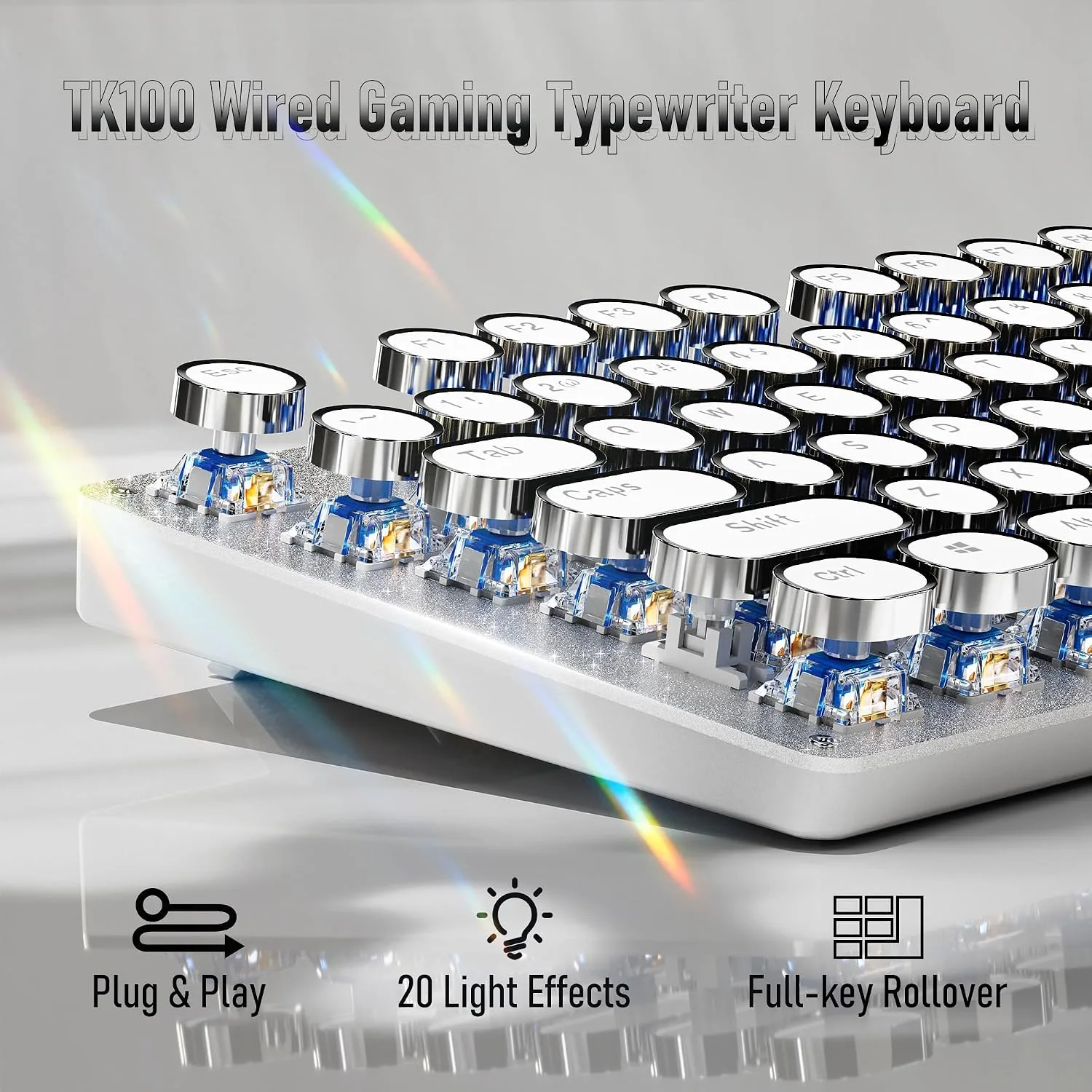 Wired Typewriter Style Mechanical Gaming Keyboard with White Backlit-White