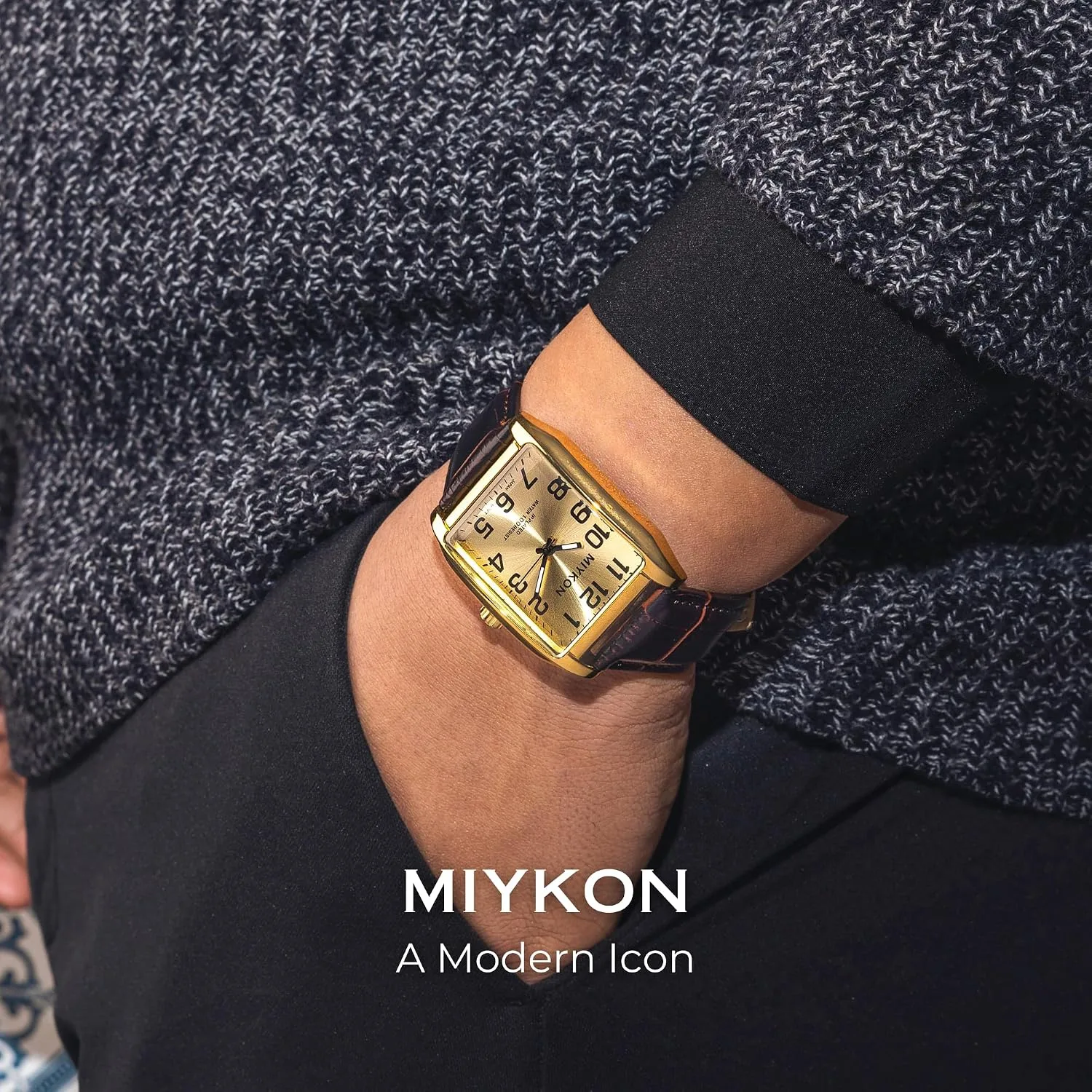 Miykon Men Vintage Tank Dress Watch, Genuine Leather Strap, Water Resistant