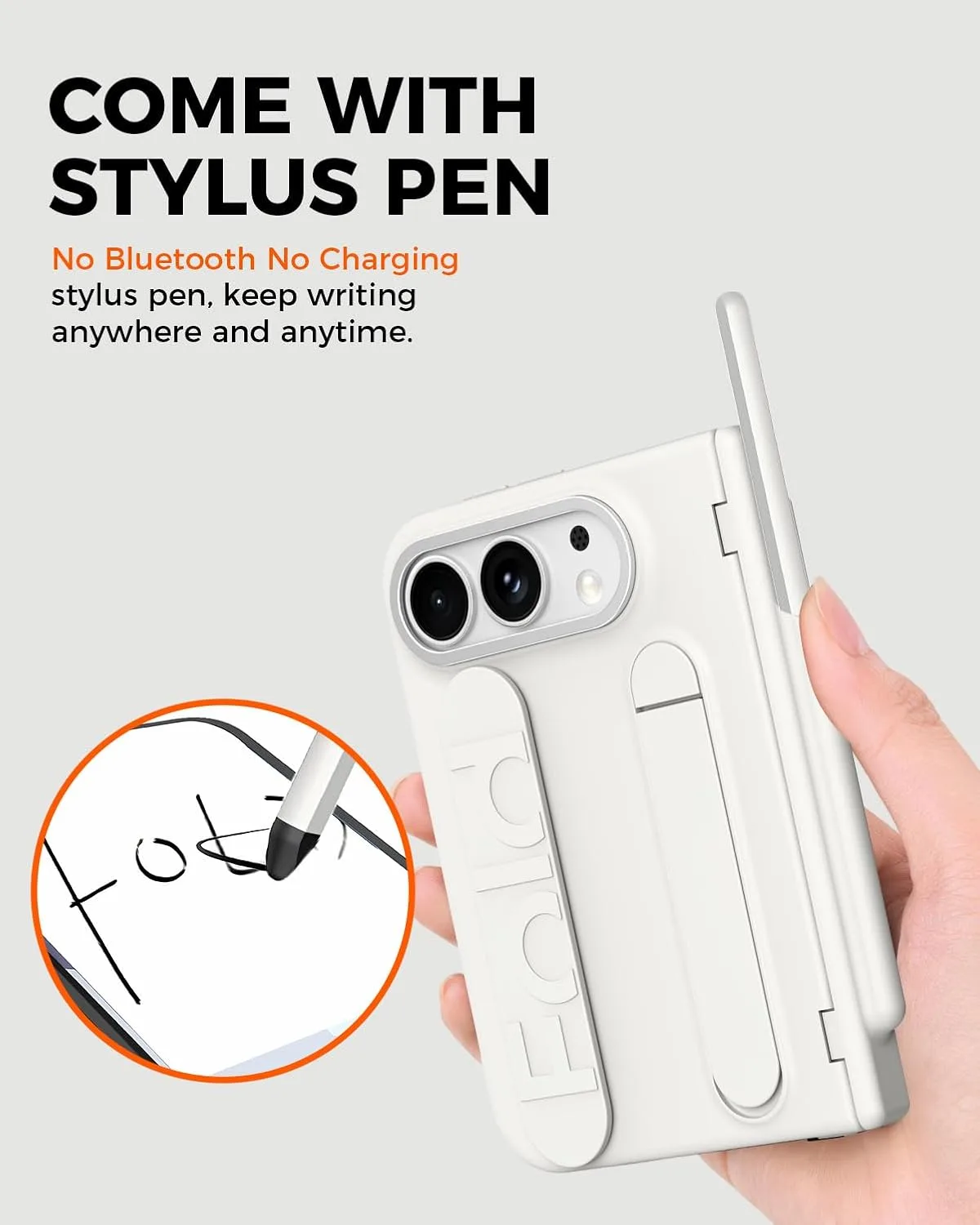 NINKI Stylus for iPhone Duo Case with Pen Holder & Hinge Protection, Built-in Wristband with Hidden Kickstand, Thin Full Body Screen Protective Phone Case for iPhone Duo Cover with Stand Womens White