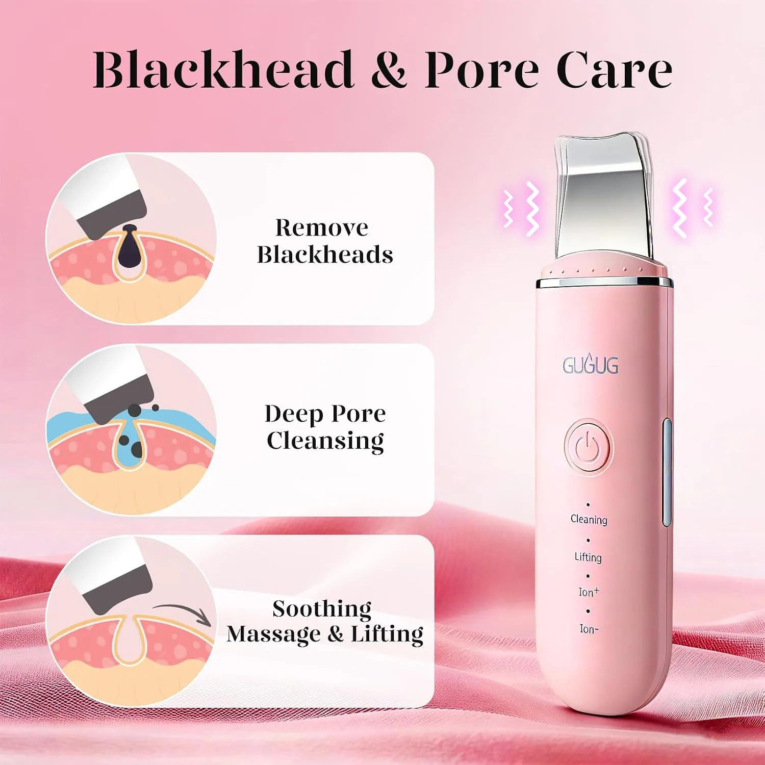 GUGUG Skin Scrubber Spatula Pore Cleaner Blackhead Remover,4 Modes,Pink