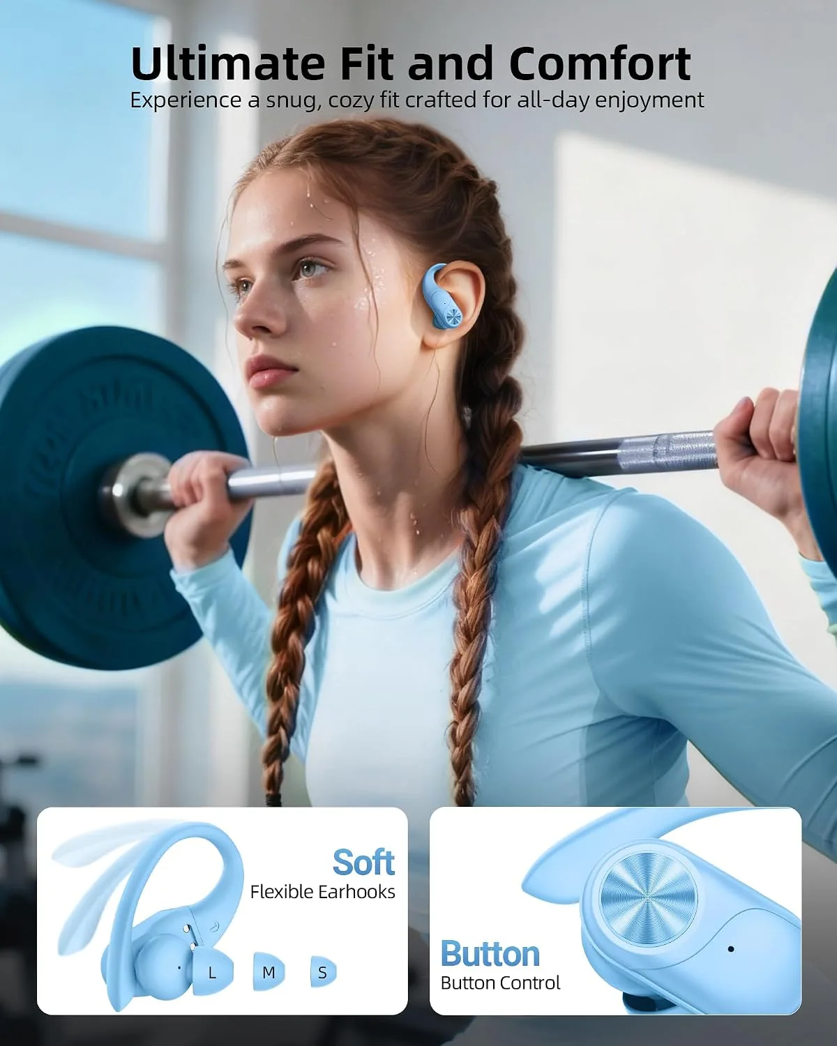 PocBuds Bluetooth Headphones Wireless Earbuds 80hrs Playtime Wireless Charging Case Digital Display Sports Ear Buds with Earhook Deep Bass IPX7 Waterproof Over-Ear Earphones for TV Phone Laptop Blue