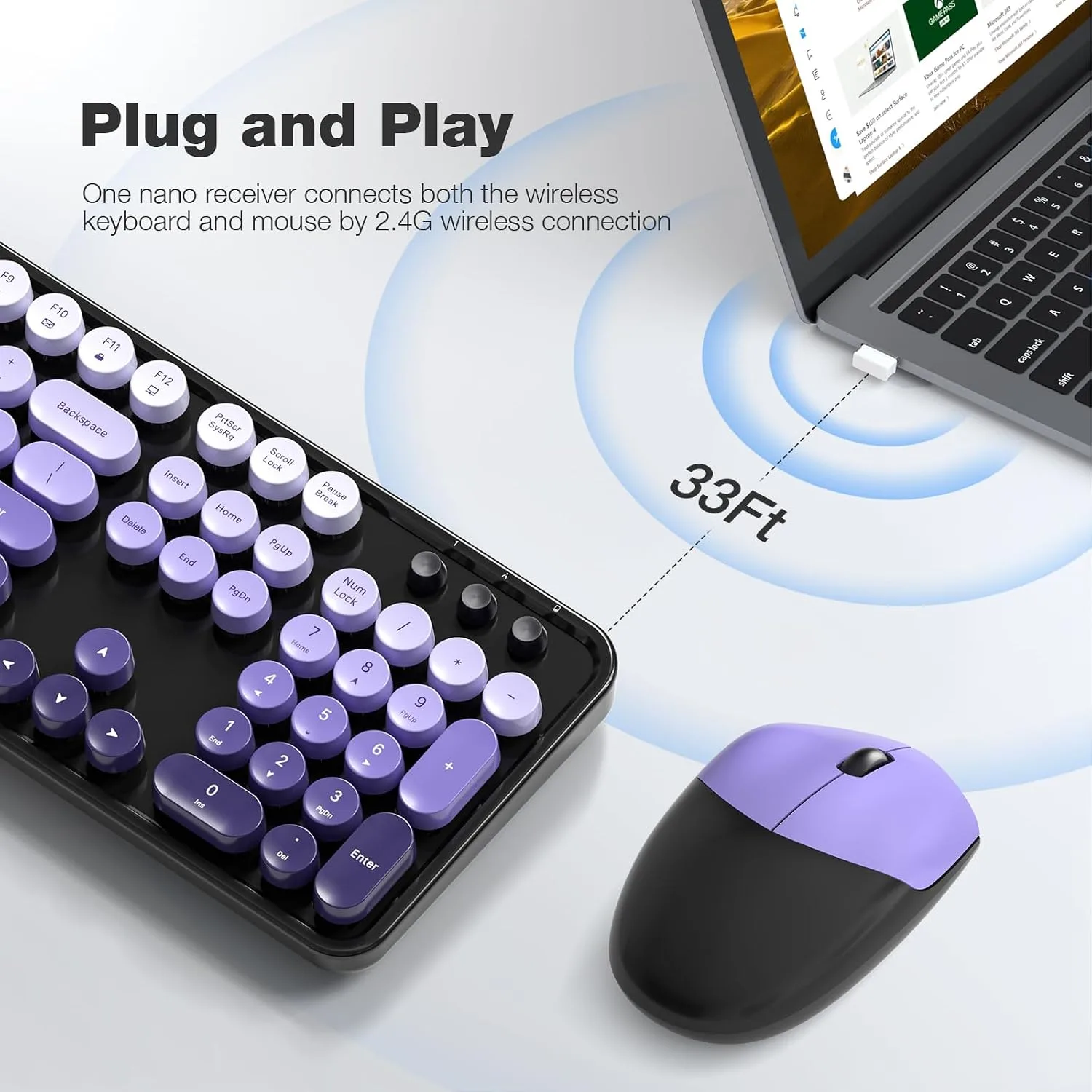 MOFII Wireless Keyboard and Mouse Combo, Full Size 2.4G Plug and Play Typewriter Retro Round Computer Keyboard and Mouse Set for Windows, Computer, Desktop, PC, Notebook - (Black Purple Gradient)