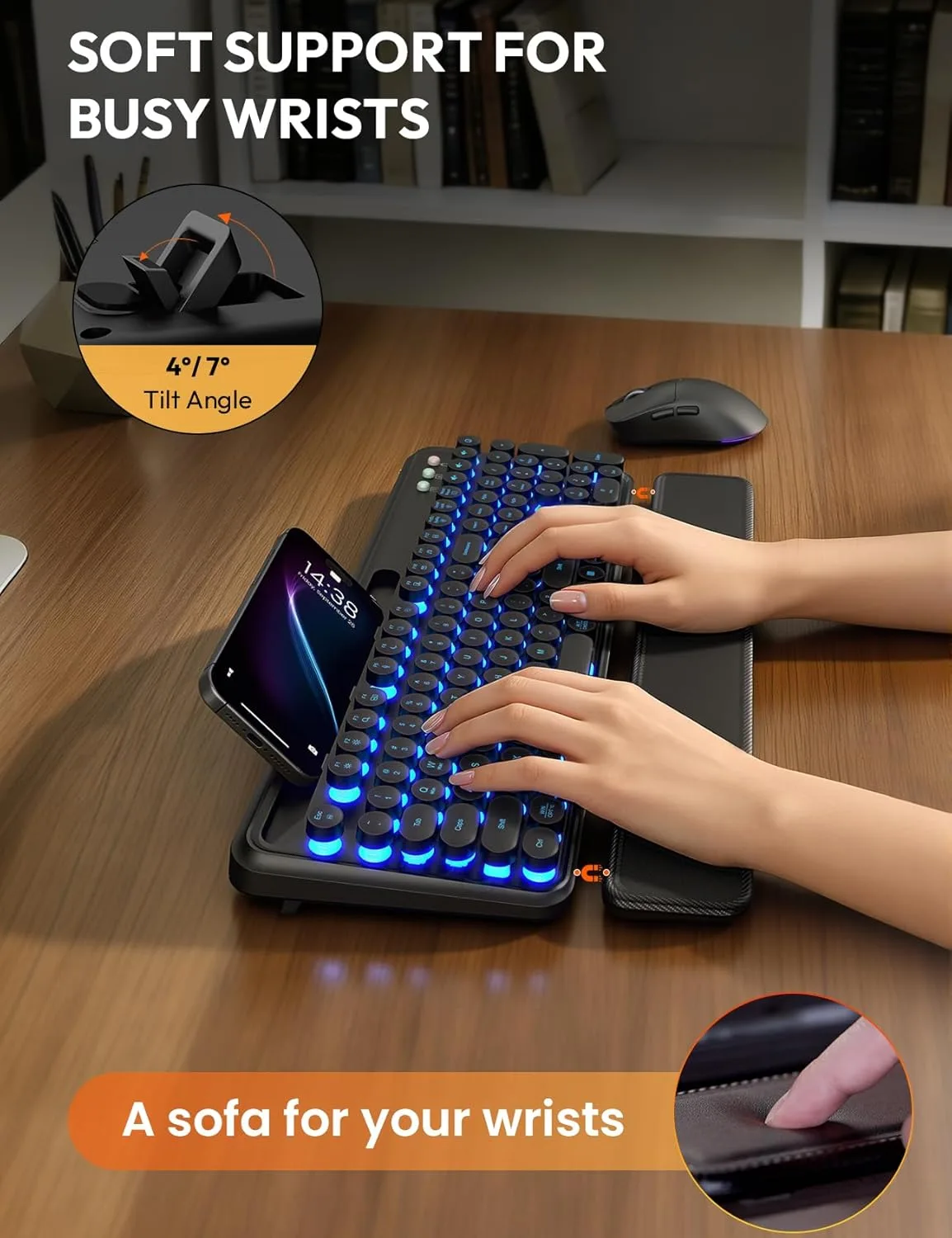 Wireless Keyboard and Mouse, Backlit Typewriter with Magnetic Wrist Rest