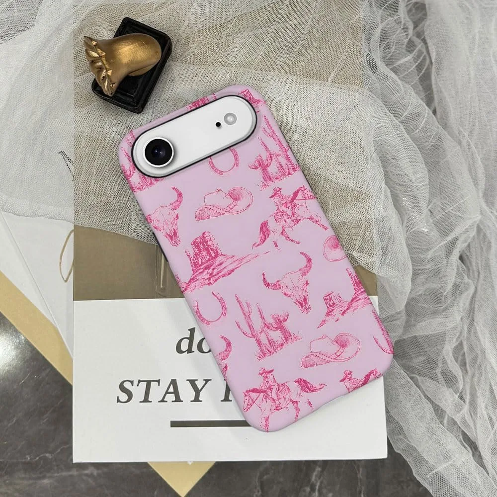 Case Compatible with iPhone 17 Air,Fall Prevention Hybrid 2-Layer Hard Shell Phone Cover for Girls Boys,Pink Hat Horse Western Cowboy