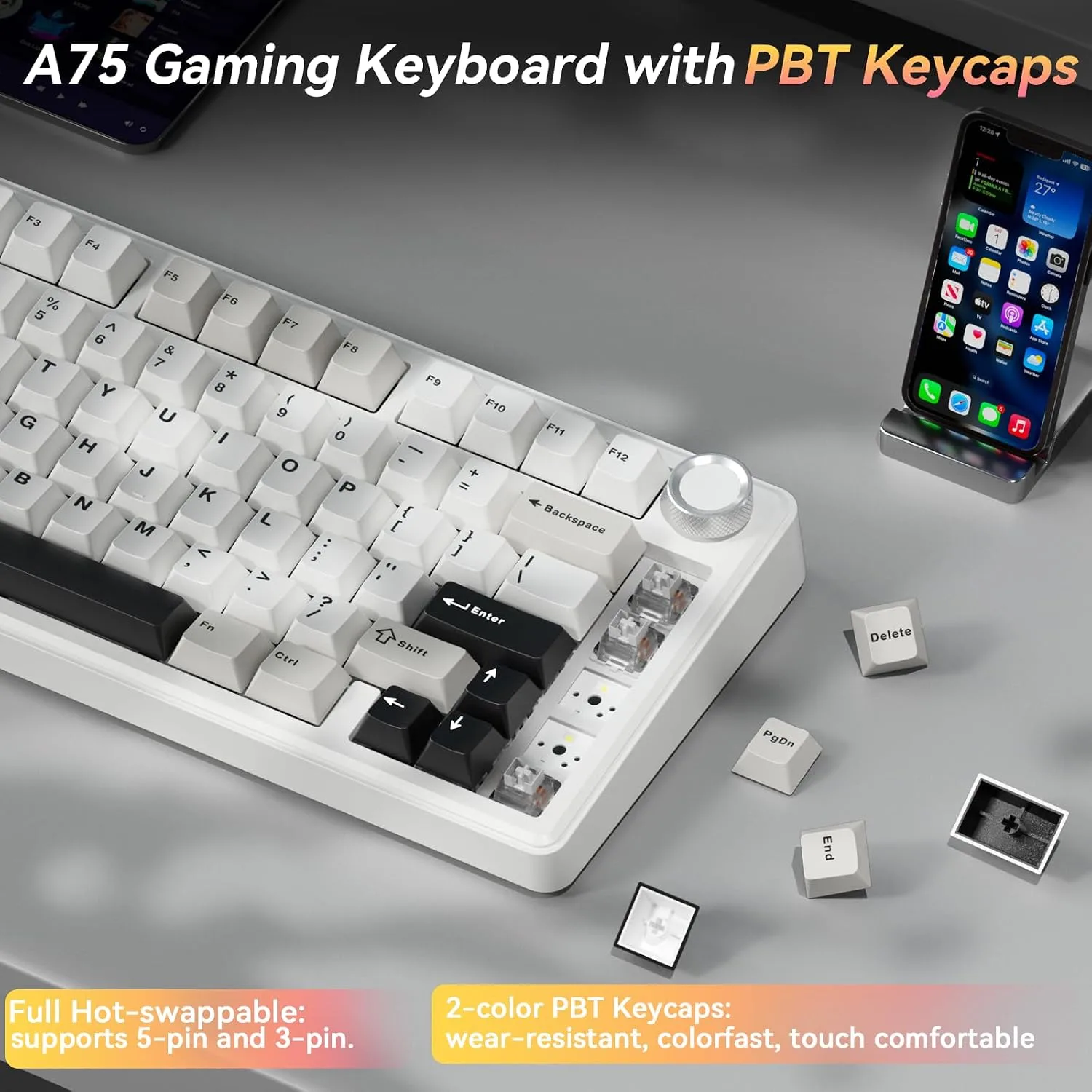 SOLAKAKA A75 75% Wireless Mechanical Keyboard, Hot Swappable Gaming Keyboard with Multifunction Knob & RGB, Gasket Mounted Creamy Keyboard, PBT Keycaps, Compact Layout for Win/Mac/PC