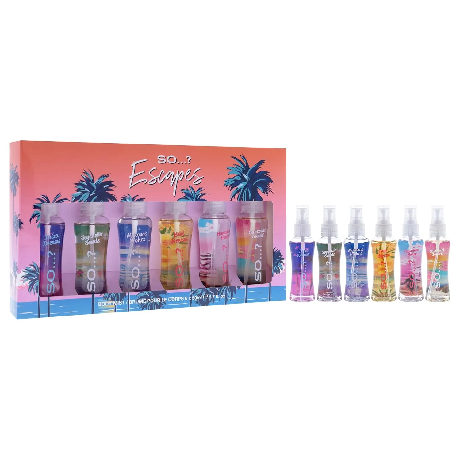 So...? Escapes Body Mist Set For Women - 6 Pc 1.7oz Body Mists - Ibiza Dreams, Mykonos Night, Bali Breeze, Seychelle Sand, Hawaiin Honey, Santorini Sunset (Pack of 2)