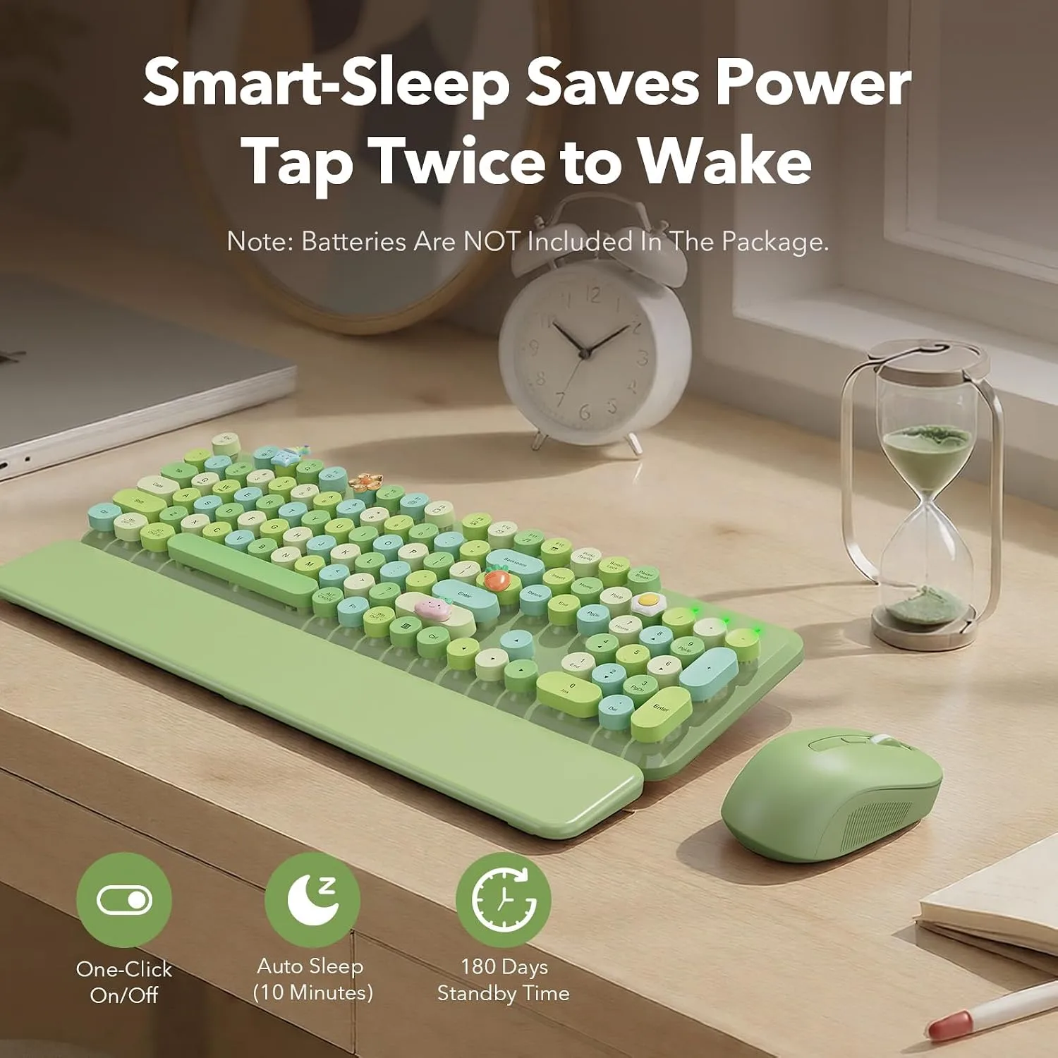 Wireless Keyboard and Mouse Combo, Round Keycap, Magnetic Wrist Rest, Green
