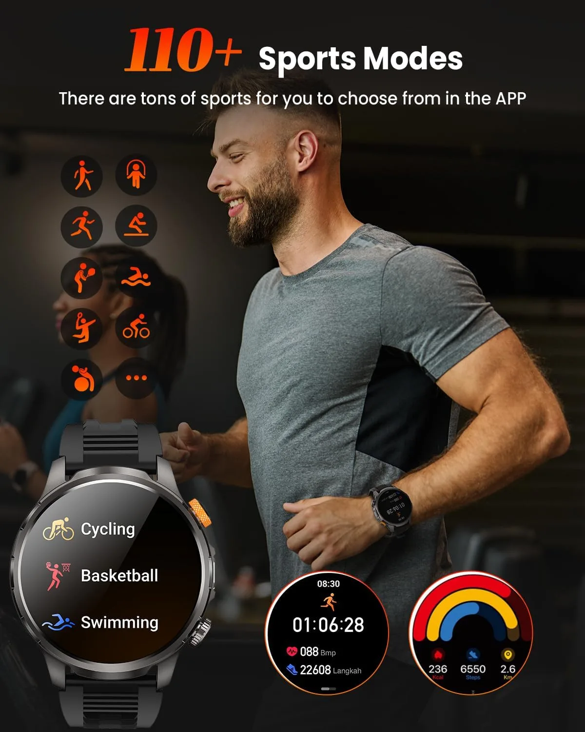 Military Smartwatch for Men 1000mAh Fitness Tracker Rugged Men Watch 2Bands