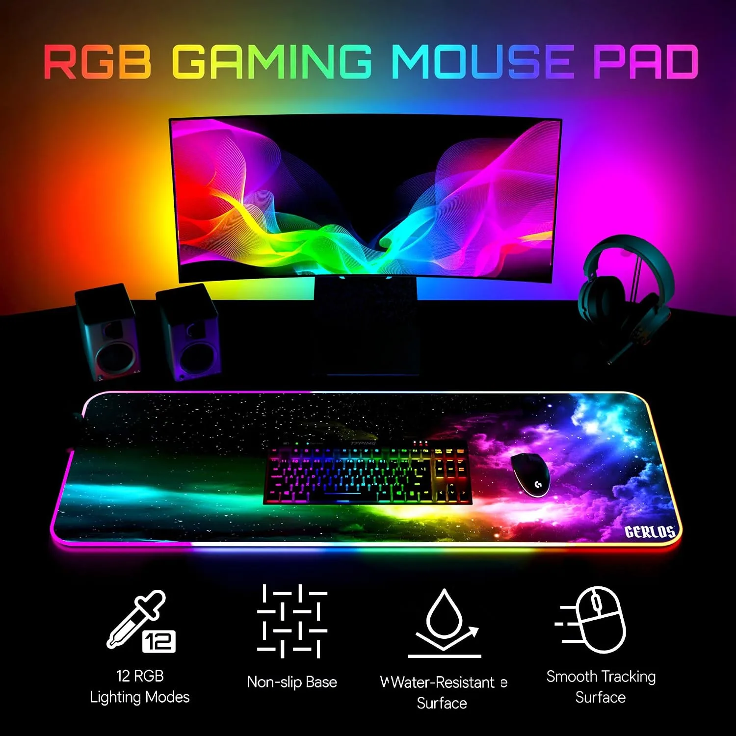 Gerlos RGB Gaming Mouse Pad, Large LED Mouse Pad for Gamer, 31.5" x 11.8"