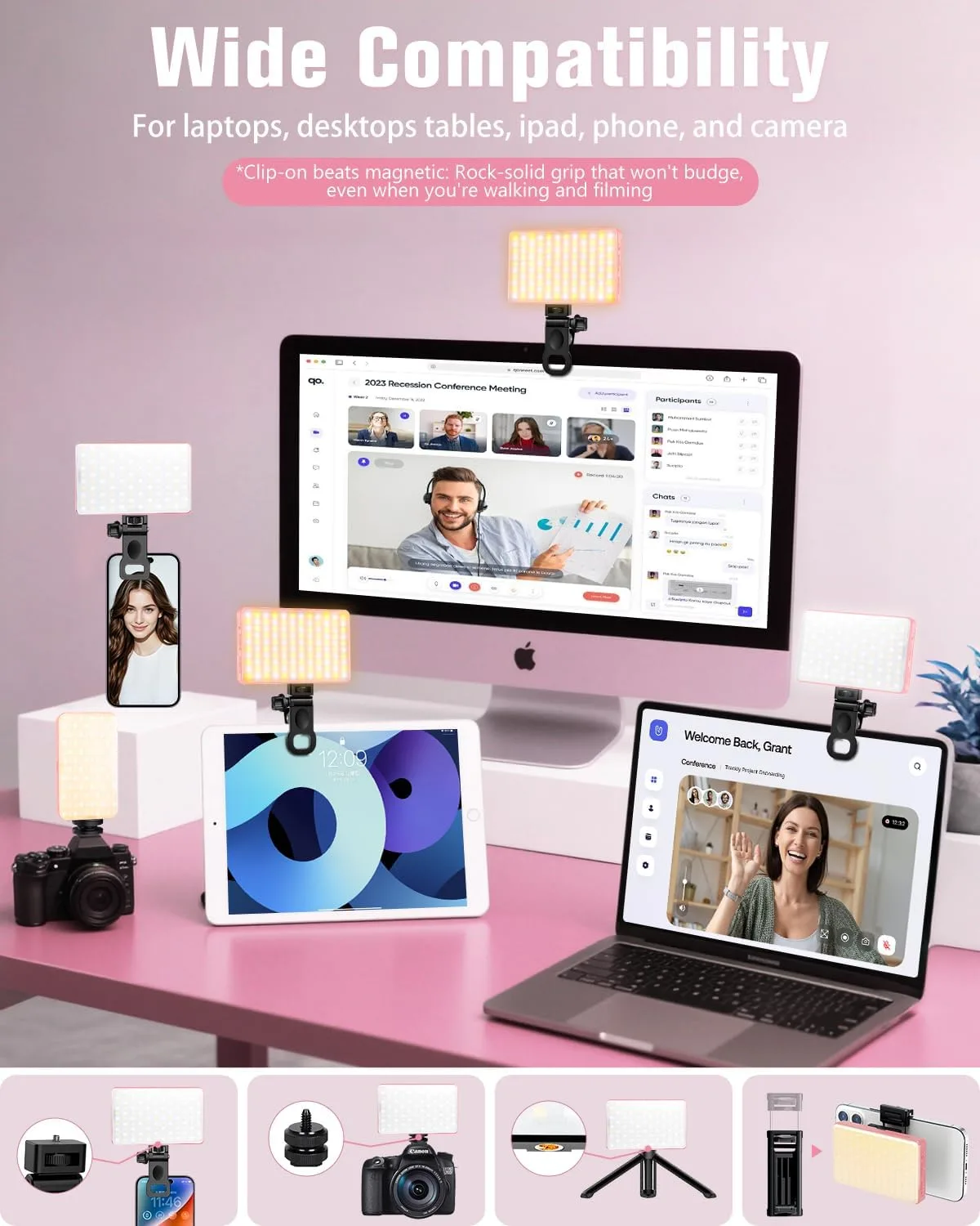 168 LED Selfie Light for iPhone, Phone Light, 3000mah Rechargeable Picture Light Clip Portable Lights for Phone, Camera, Laptop, iPad, 3 Lights Modes for Makeup, Video Conference, TikTok, Vlog (Pink)