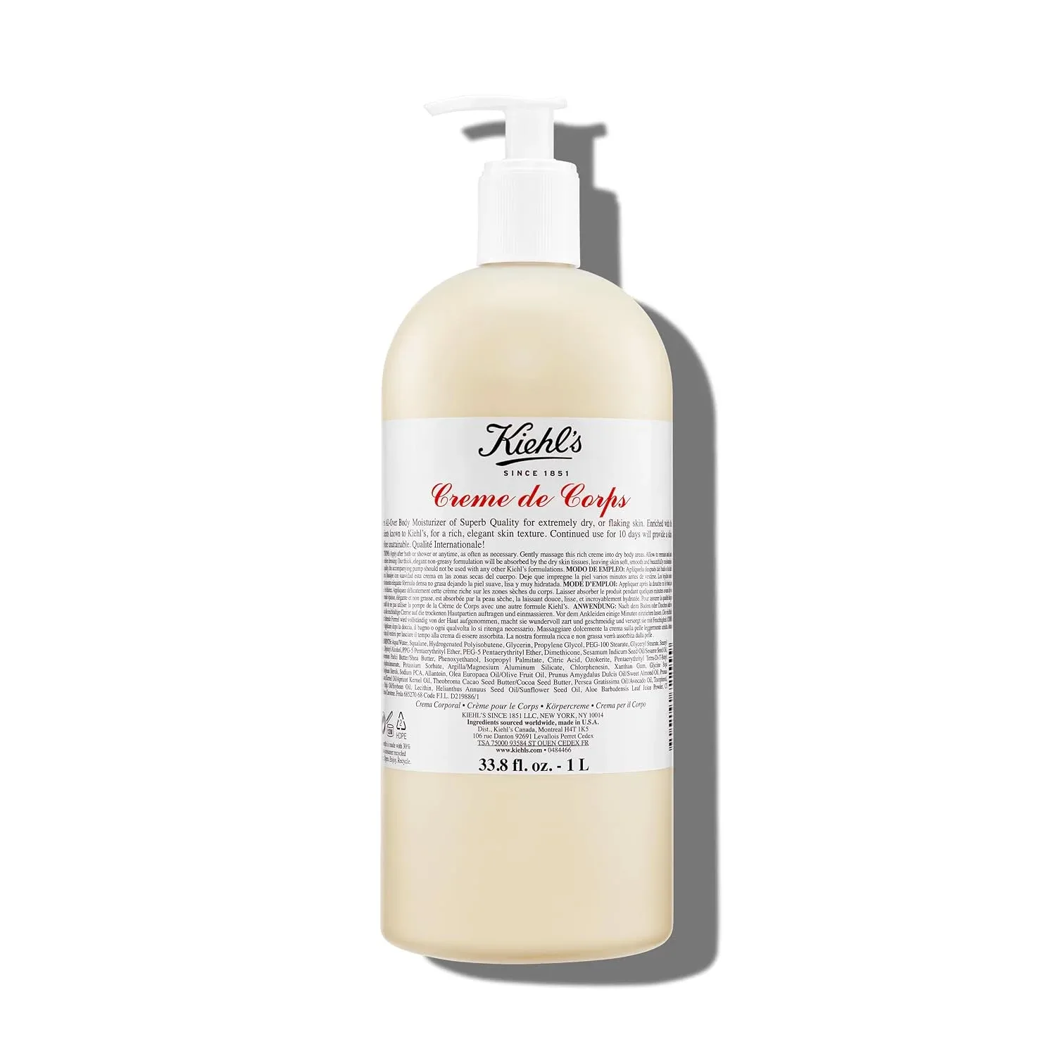 Kiehl's - Creme de Corps Body Lotion, Fast Hydration - 33.8 fl oz/ 1 Liter Pump