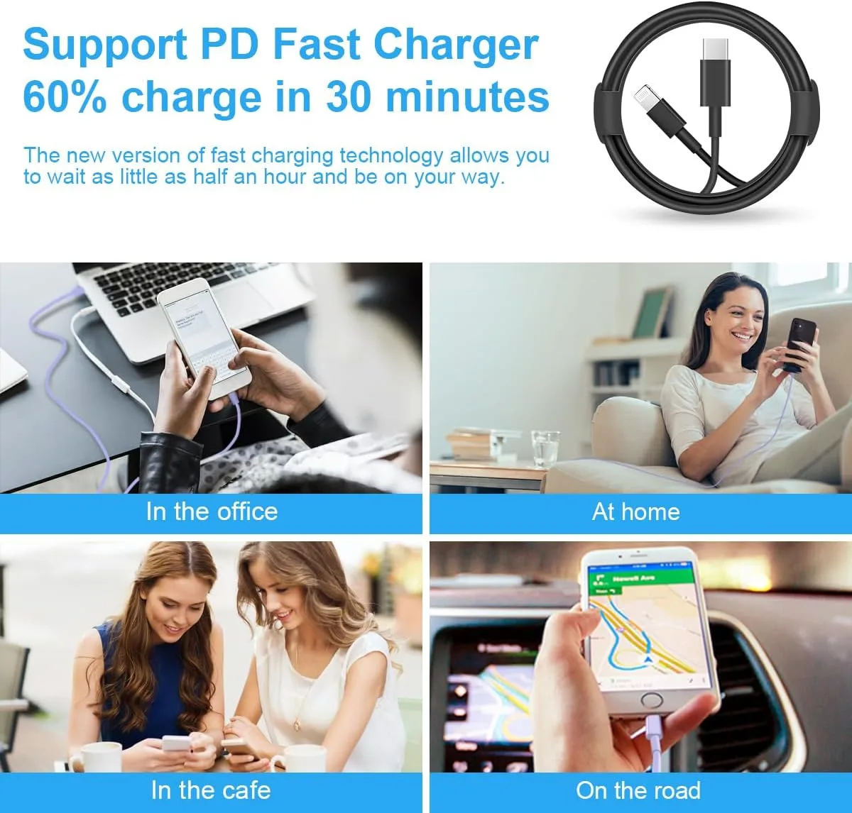 iPhone Fast Charger 3+3Pack 20W USB C Wall Charger with Extra Long 10FT Fast Charging Cable Compatible with iPhone 14/13/12/11/Pro/Pro Max-Black