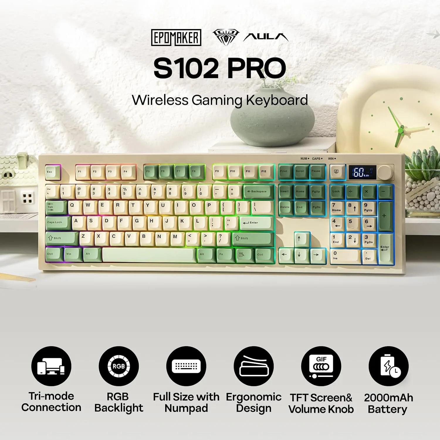 EPOMAKER Aula S102 PRO Membrane Gaming Keyboard w/TFT Screen & Volume Knob