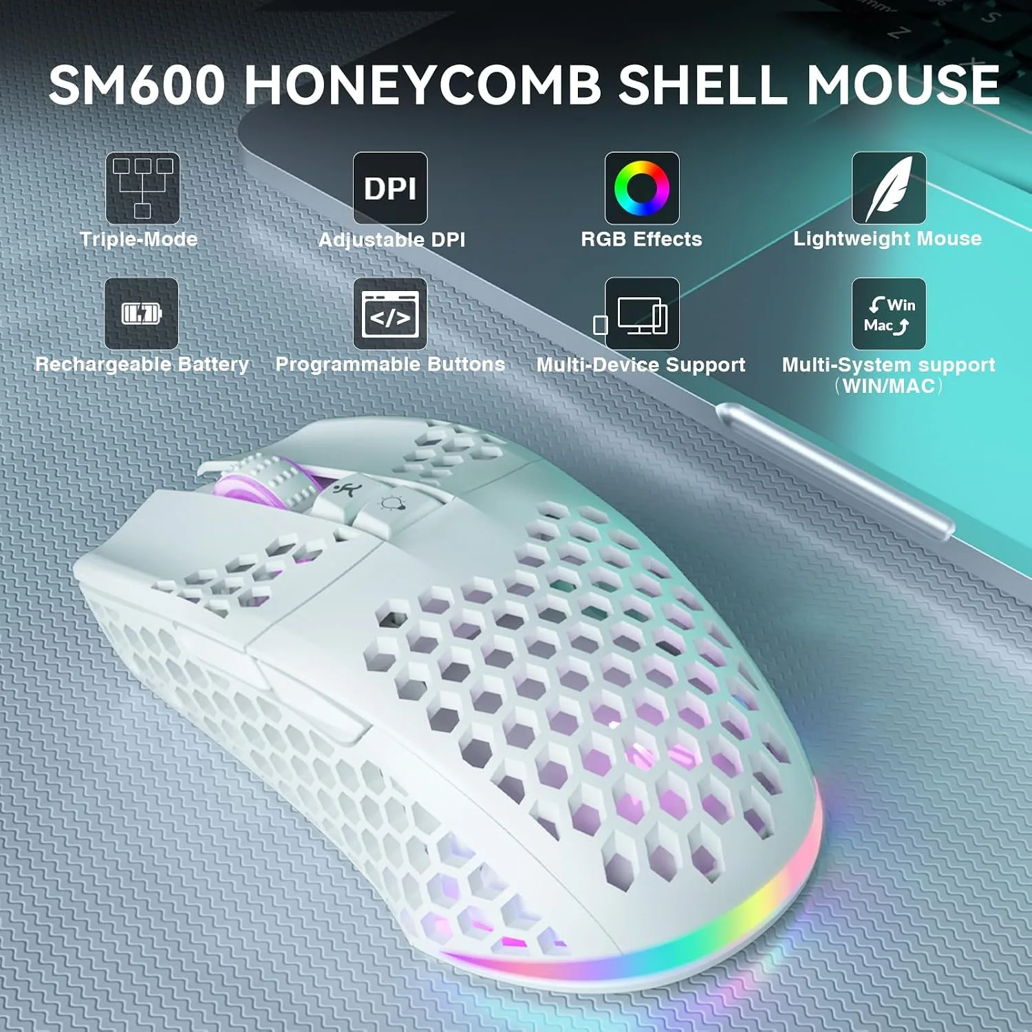 SOLAKAKA SM600 Wireless Gaming Mouse,Tri-Modes BT5.0/Type-C Wired/2.4G Wireless Mouse with 2 Side Buttons, Programmable Macro Gamer Mouse with RGB Light for Laptop/PC/Mac