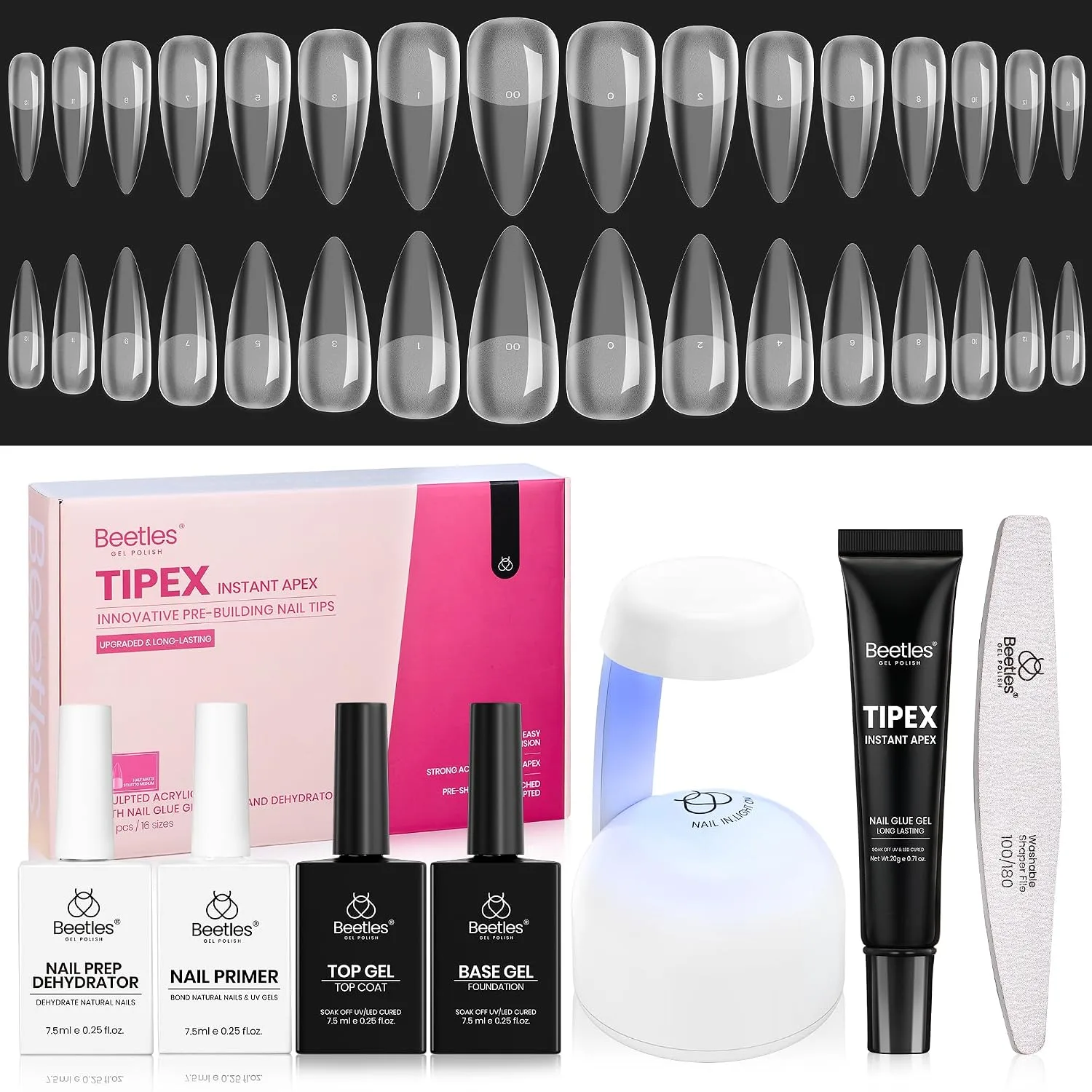 Beetles Tipex Instant Apex Nail Tips Kit, Medium Stiletto, 224pcs 16 Sizes