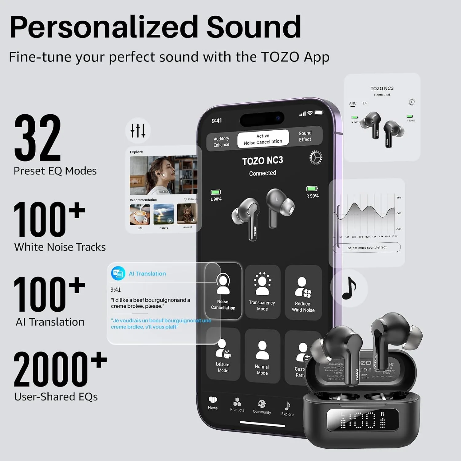 TOZO Hybrid Active Noise Cancelling in Ear Wireless Earbuds, 68H Playtime