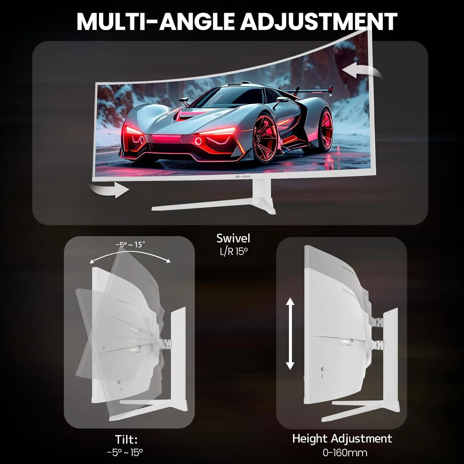 CRUA 49" DQHD 120Hz Ultrawide Curved Gaming Monitor, 1500R, FreeSync, White