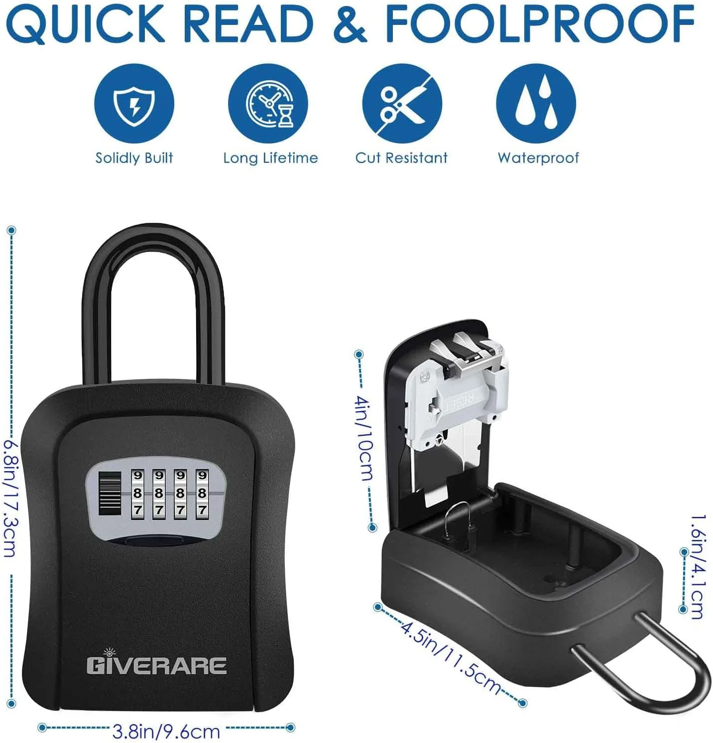 Key Lock Box, 4 Digits Combination Lockbox, Wall Mount & Portable Alloy Metal Waterproof Outdoor Resettable Key Hider for House, Apartment, Realtors Spare Keys Safe Storage-Black