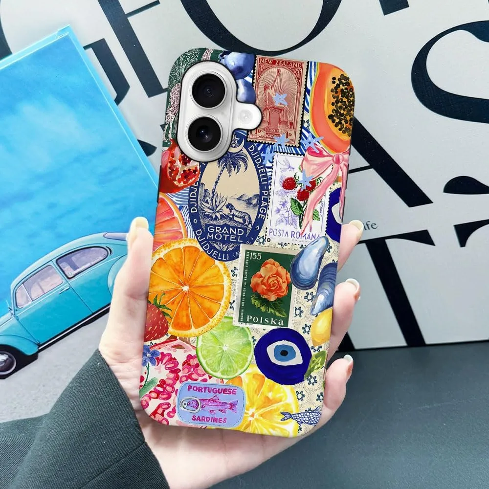Case Compatible with iPhone 17,Fall Prevention Hybrid 2-Layer Hard Shell Phone Cover for Girls Boys,Bow European Summer Lemon Collage