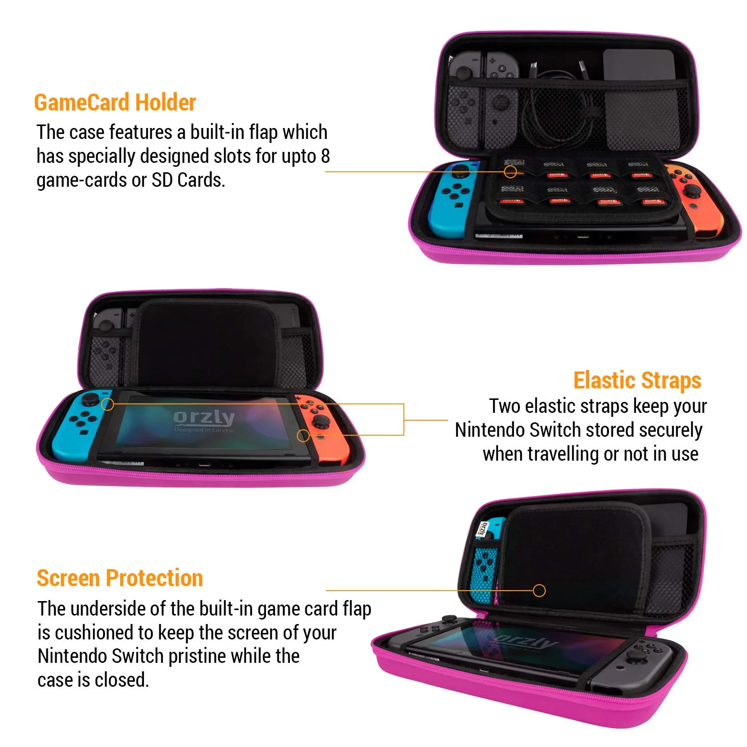 Orzly Carry Case Compatible with Nintendo Switch and New Switch OLED Console - Pink Protective Hard Portable Travel Carry Case Shell Pouch with Pockets for Accessories and Games