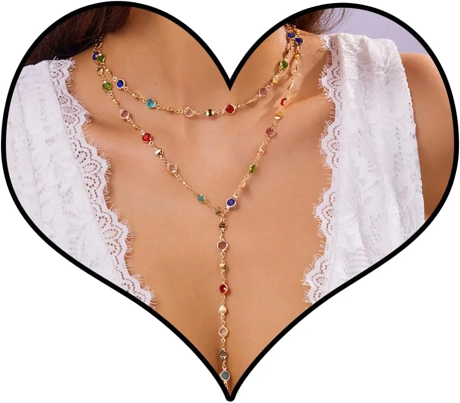 Colorful Y Shaped Necklace for Women Trendy Long Multi Color Crystal Lariat Necklace Sparkly Gemstone Chest Chain Summer Deep V-Neck Dress Outfits Jewelry Accessories