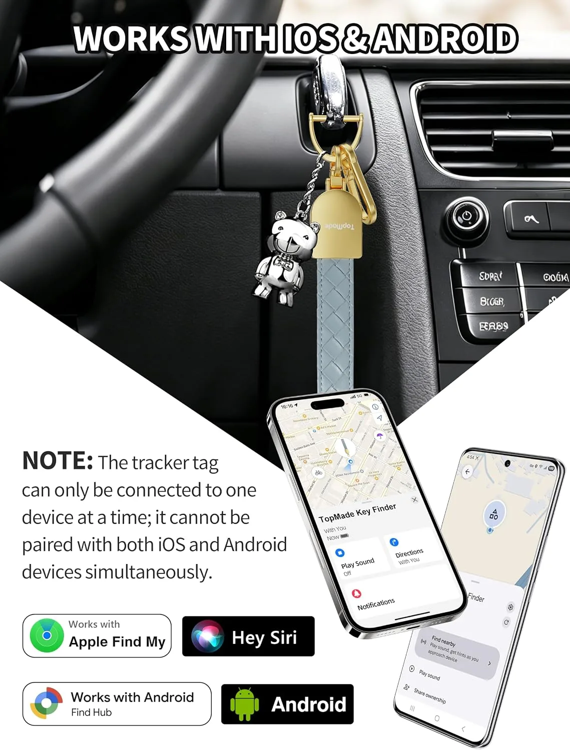 Smart Keychain Tracker (iOS & Android) Car Key Finder, Dusty Blue & Gold