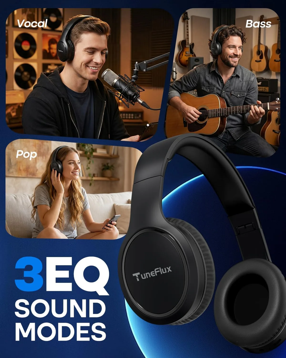 TuneFlux Bluetooth Headphones, 70H Playtime, Over-Ear, 3 EQ Modes-Black