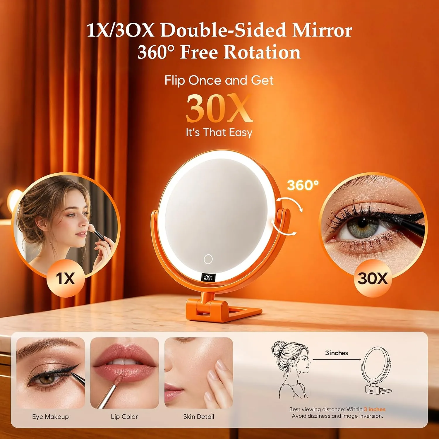 1X/30X Makeup Mirror with Lights, Magnifying Mirror (Orange)