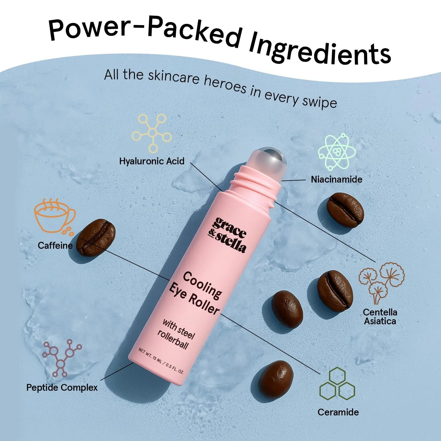 grace & stella Under Eye Serum Roller with Cooling Metal Ball (15ml)
