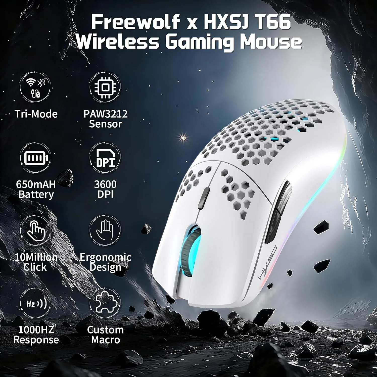 HXSJ T66 Tri-Mode Wireless Gaming Mouse Superlight Honeycomb - White
