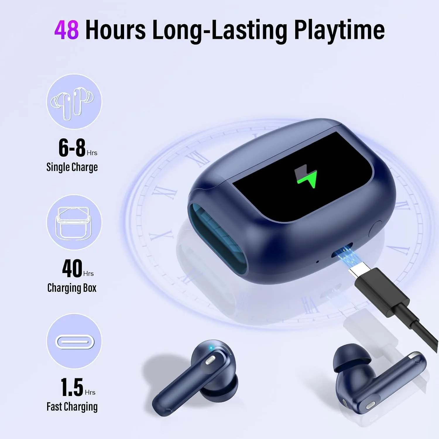 Active Noise Cancelling Ear Buds 48H Wireless Earbuds with Touch Screen