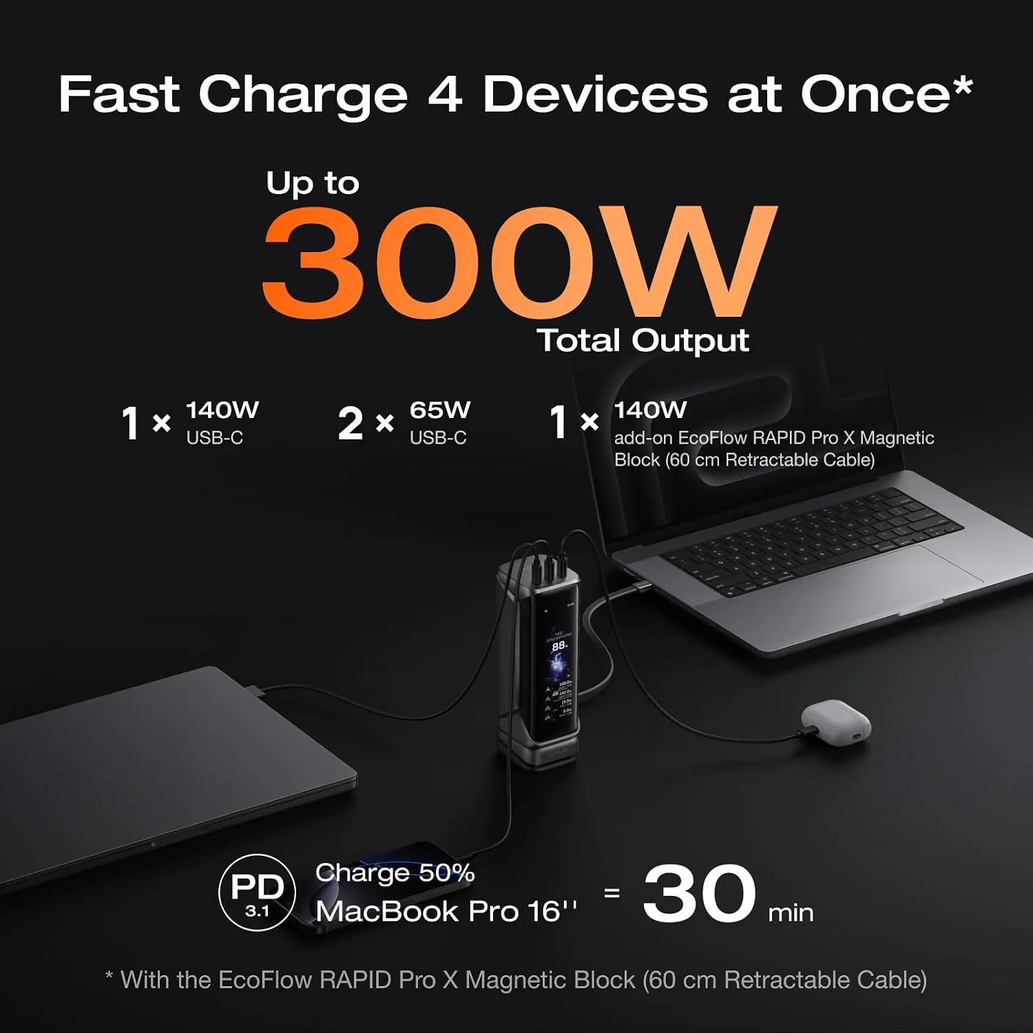 EF ECOFLOW Rapid Pro X Power Bank, 27650mAh 4-Part with 300W Output, Portable Charger with 140W Built-in Cable, for MacBook, iPhone, Laptops, and More