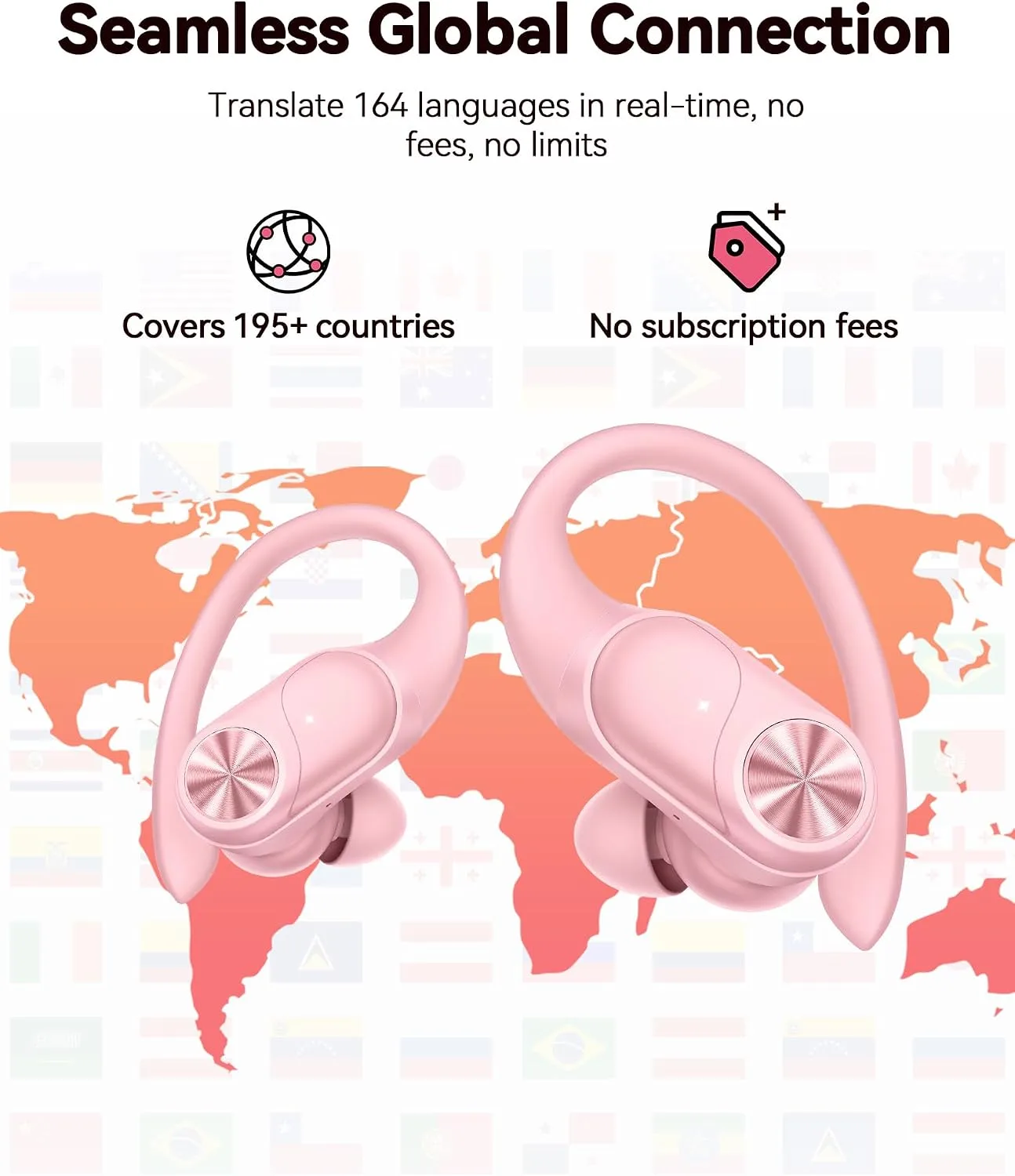 PocBuds Bluetooth Headphones Wireless Earbuds 80hrs Playtime Wireless Charging Case Digital Display Sports Ear Buds with Earhook Deep Bass IPX7 Waterproof Over-Ear Earphones for TV Phone Laptop Pink