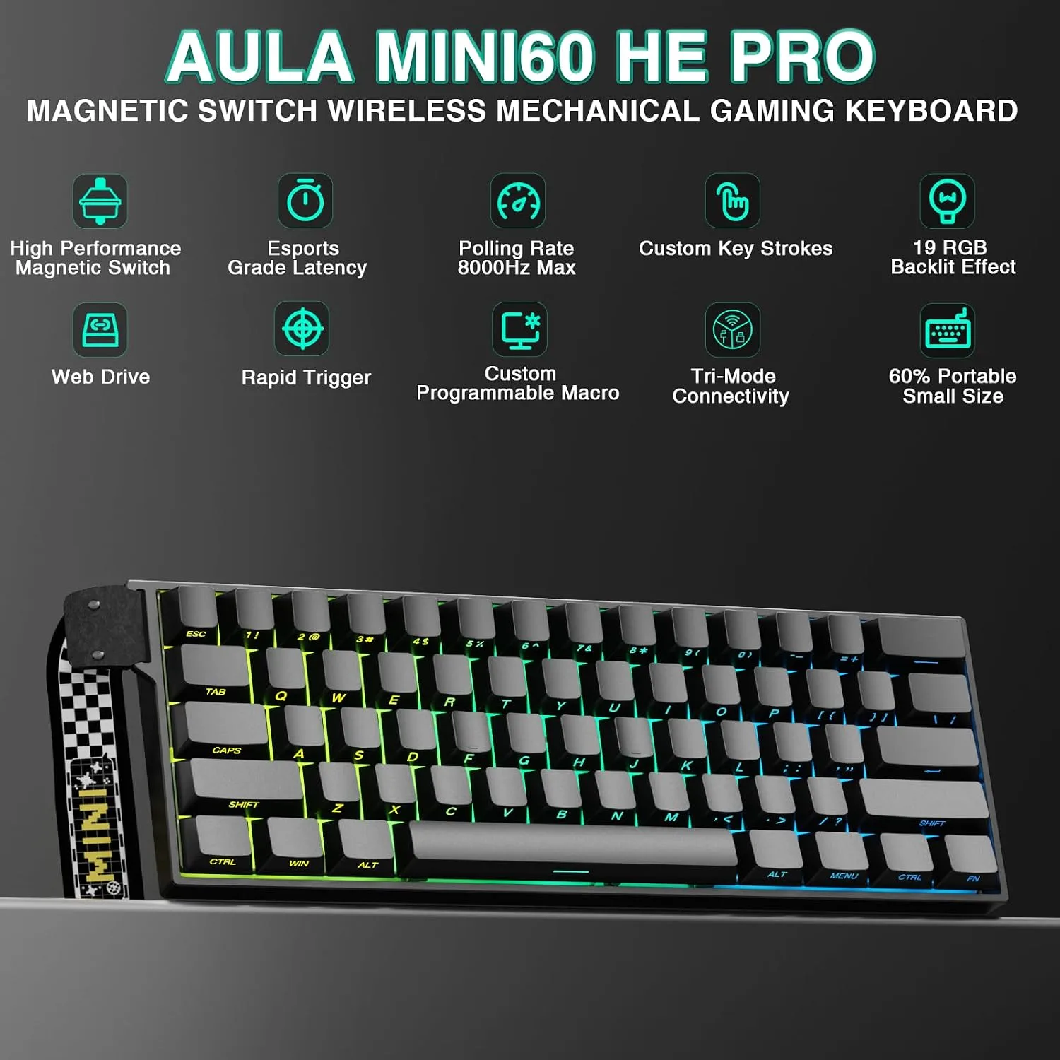 Aula MINI60 HE PRO Wireless Gaming Keyboard 60%,Hall Effect Rapid Trigger Magnetic Keyboard,8000Hz Polling,Tri-Mode(BT5.0/2.4GHz/USB-C),RGB Hot Swappable Compact Mechanical Keyboard for Gamer(Black)