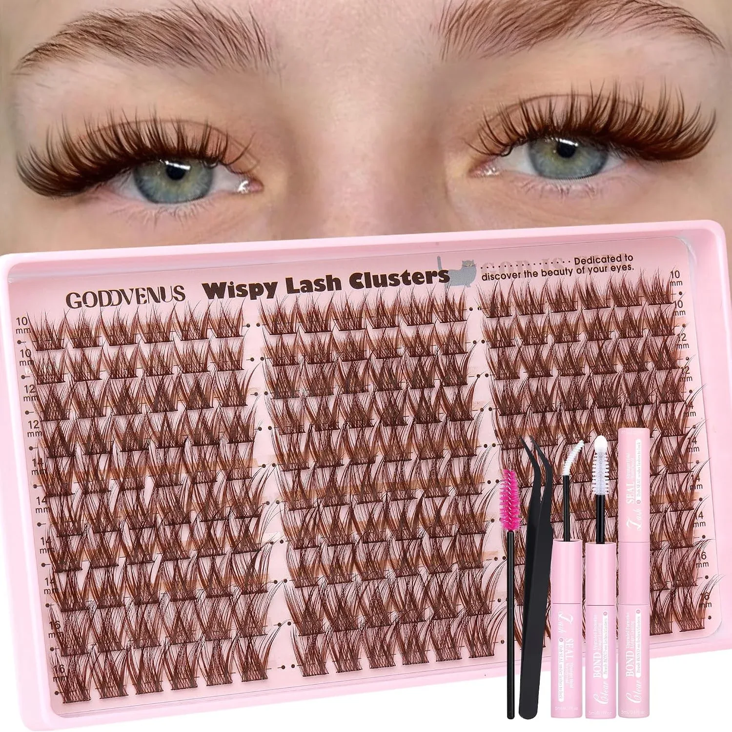 Kit de extensiones de pestañas en clusters Goddvenus marrón wispy rizo C