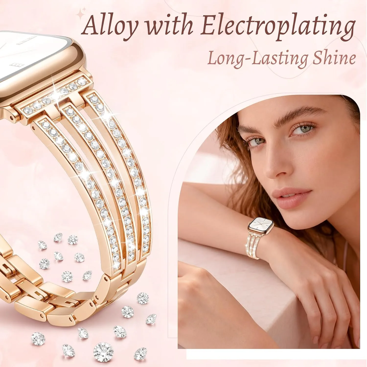Newlibery Women Rose Gold Bling Metal Bracelet Band for Apple Watch