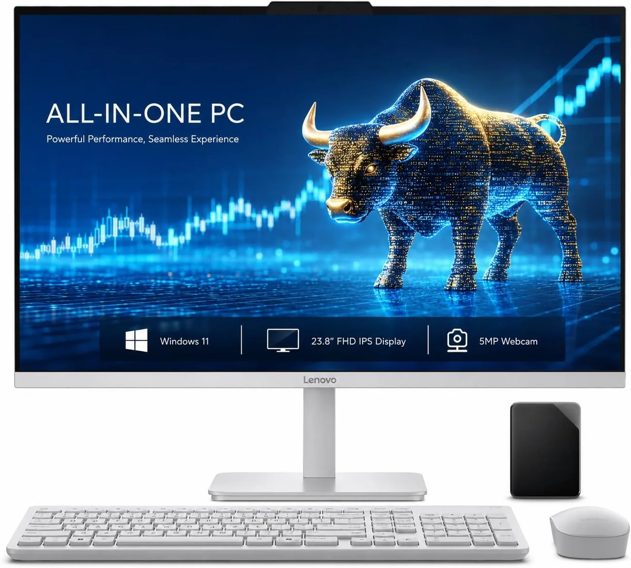 Lenovo 24 Inch All in One Desktop, Intel Quad-Core CPU, Full HD Display, 16GB RAM, 640GB Storage (512GB External &128GB SSD On Board), Wi-Fi 6, Bluetooth, USB, Windows 11, HDMI, Wireless KB & Mouse