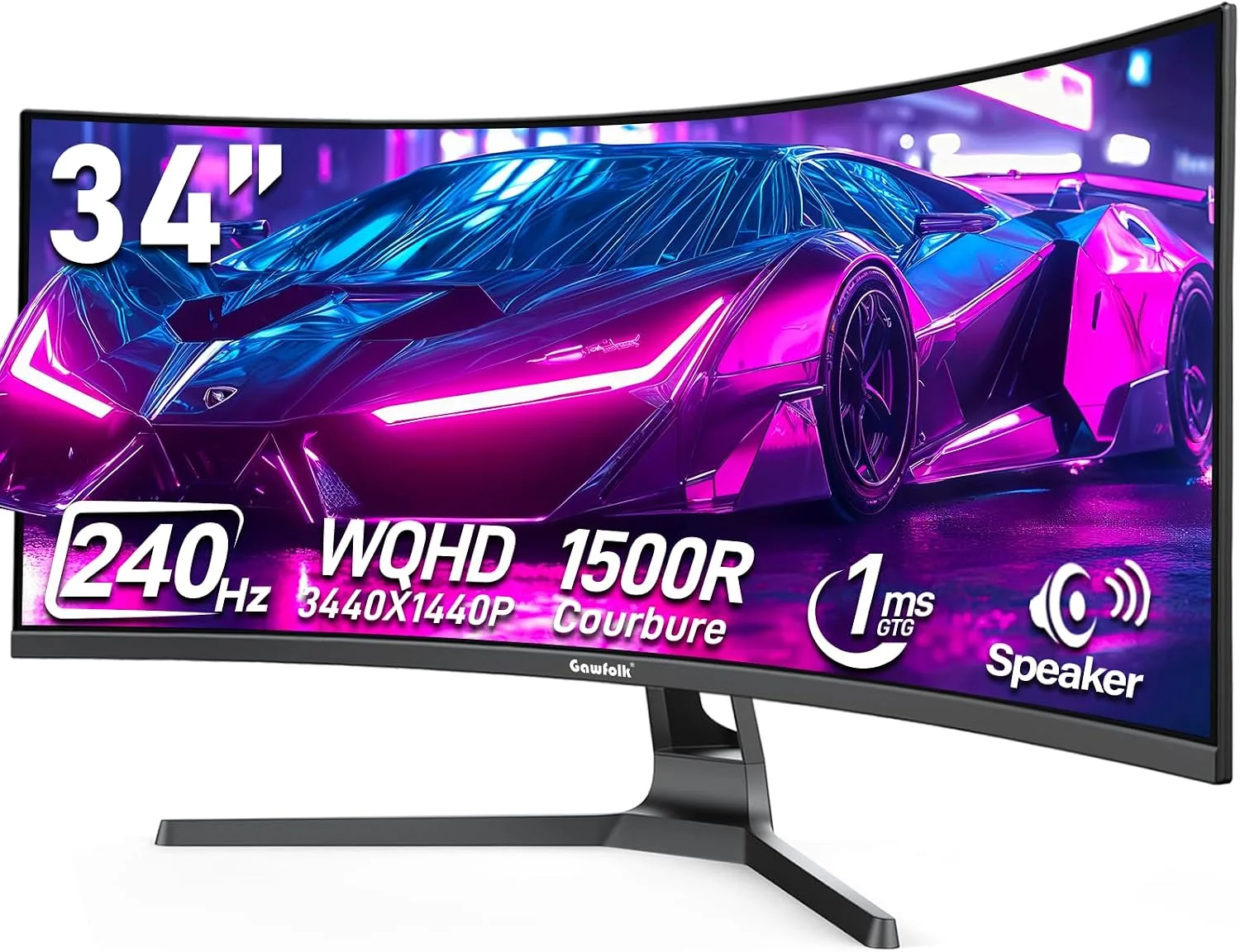 Monitor Curvo para Gaming Gawfolk 34 pulgadas 240Hz con parlantes integrados