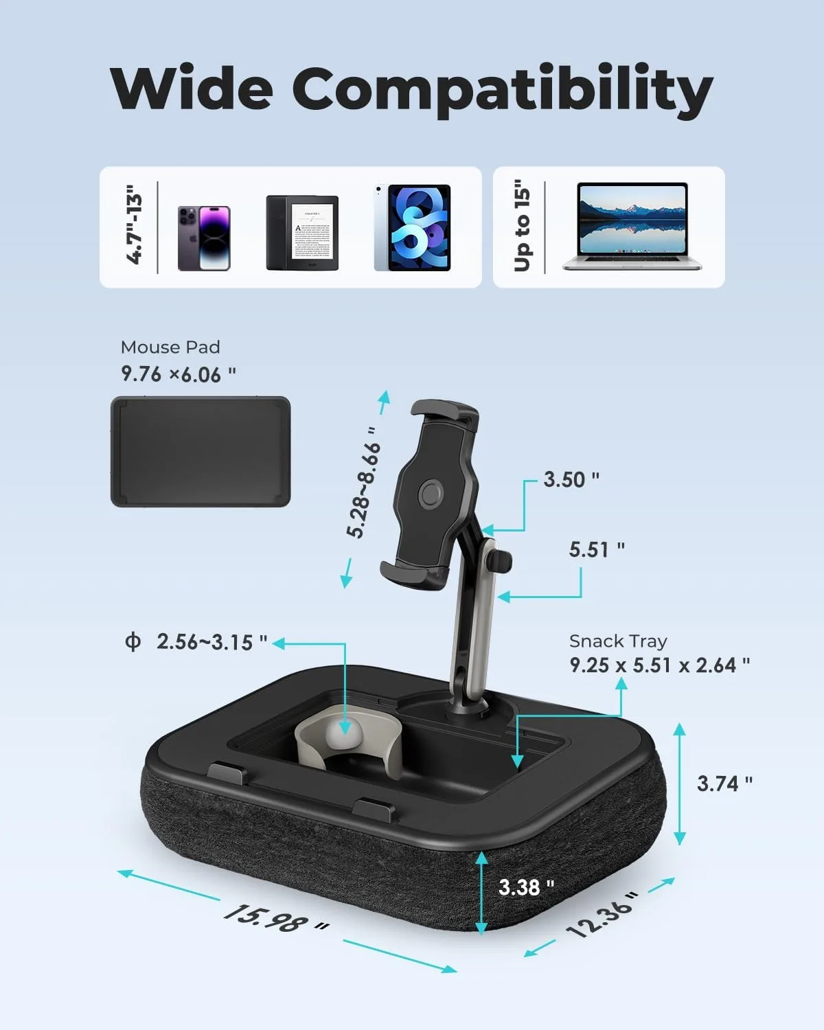 Viozon Kindle Pillow Stand Holder, Phone holder for Bed, Laptop Lap Desk with Mouse Pad,Compatible with 4.7-13" Kindle/Tablet/Phone,10-15"Laptop, Snack Bowl&Cup Attachment&Detachable 360°Stand Arm, B