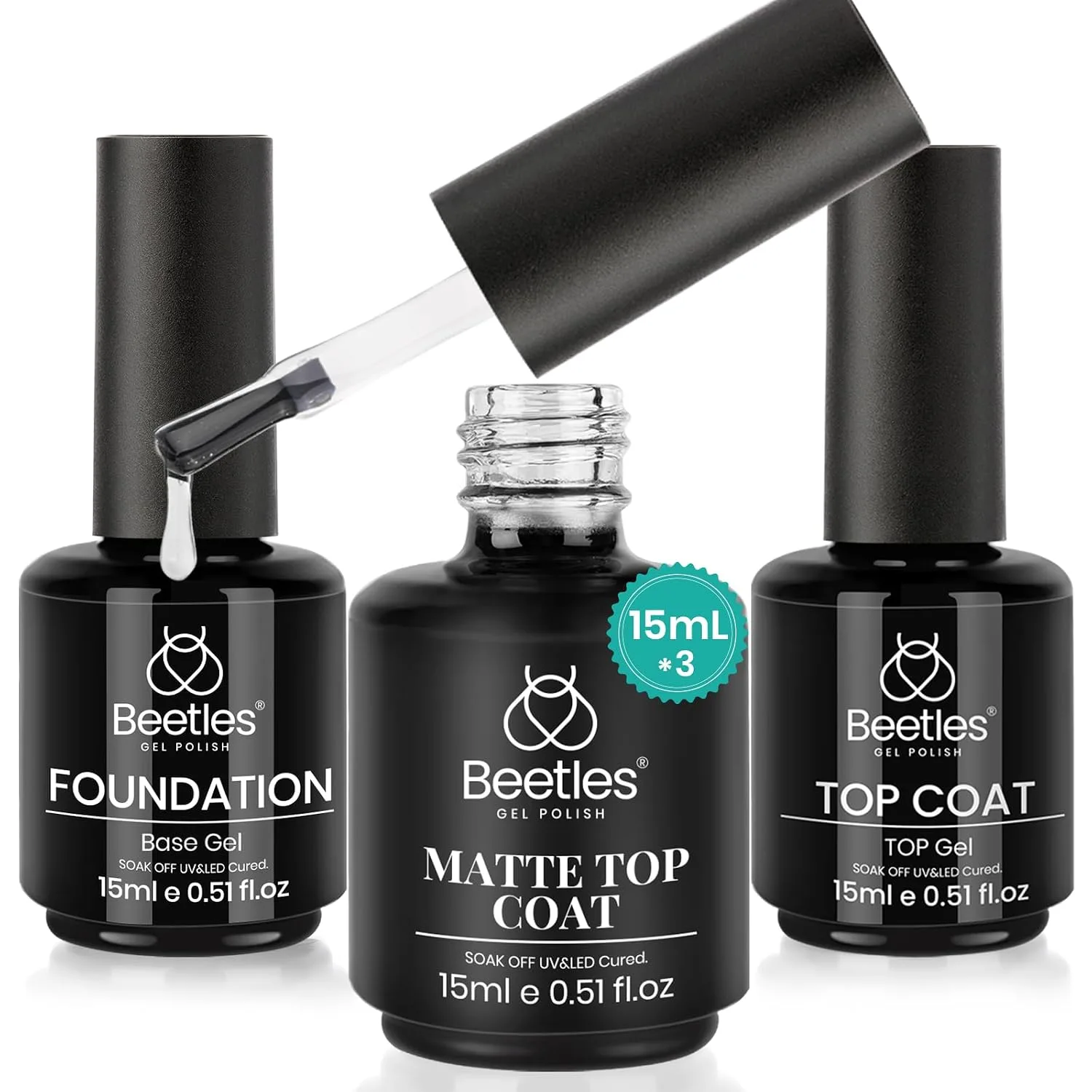 Beetles Matte Gel Top Coat & Base and Top Coat, 3Pcs 15ml