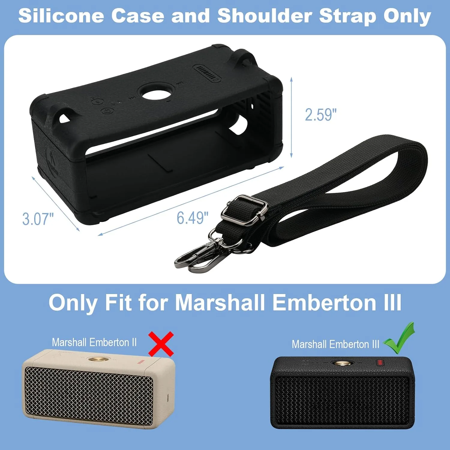 Silicone Cover for Marshall Emberton III Speaker, Soft Silicone Case Replacement Protective Skin Cover Portable Travel Sleeve with Shoulder Strap (Case Only) (Black)