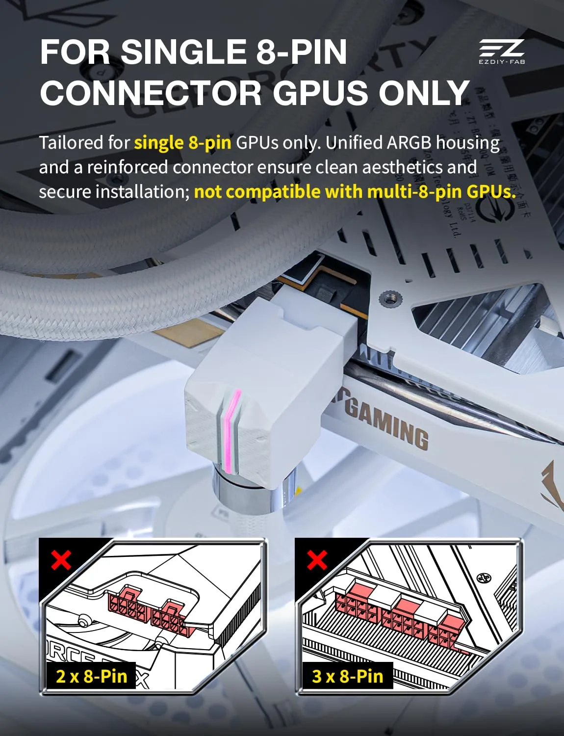 EZDIY-FAB UNIFAS ARGB 8-Pin GPU Extension Cable, Right Angle, White, RVS