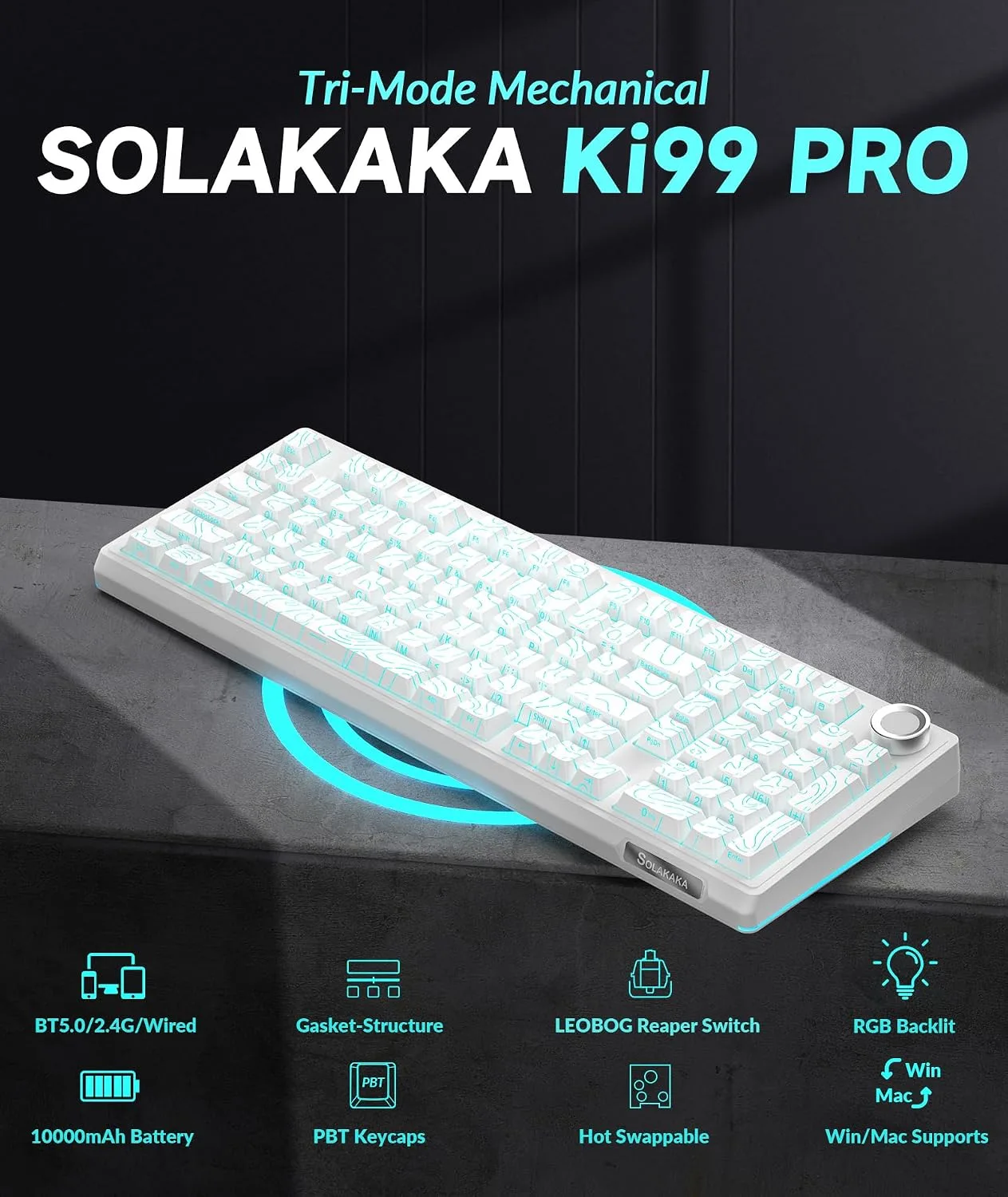 SOLAKAKA KI99 Pro 96% Wireless Mechanical Keyboard, RGB Gaming Keyboard, Hot-Swappable Pre-Lubed Switches, Gasket Structure Creamy Keyboards (Contour-Style White, Non-Silent Version)