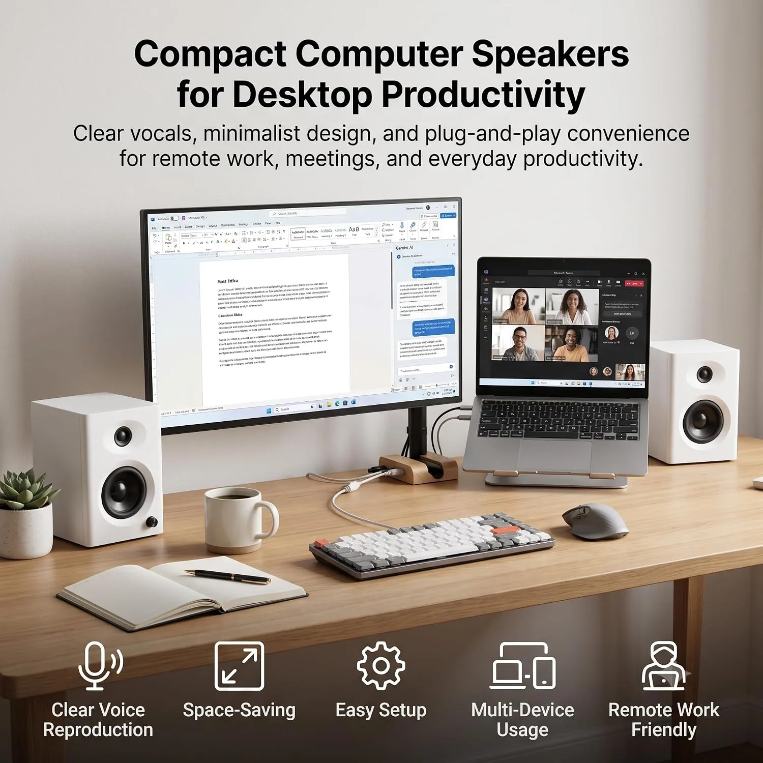 Powered Computer Speakers for Desktop PC and Music, White Pair
