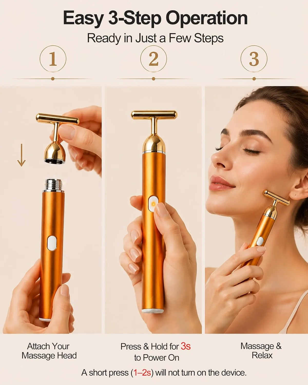 Rechargeable Face Massager Roller, Golden Vibrating T Bar Facial Massager & 3D Face Roller for Lymphatic Drainage, Face Depuffer for Jawline, Puffy Face & Skincare Routine