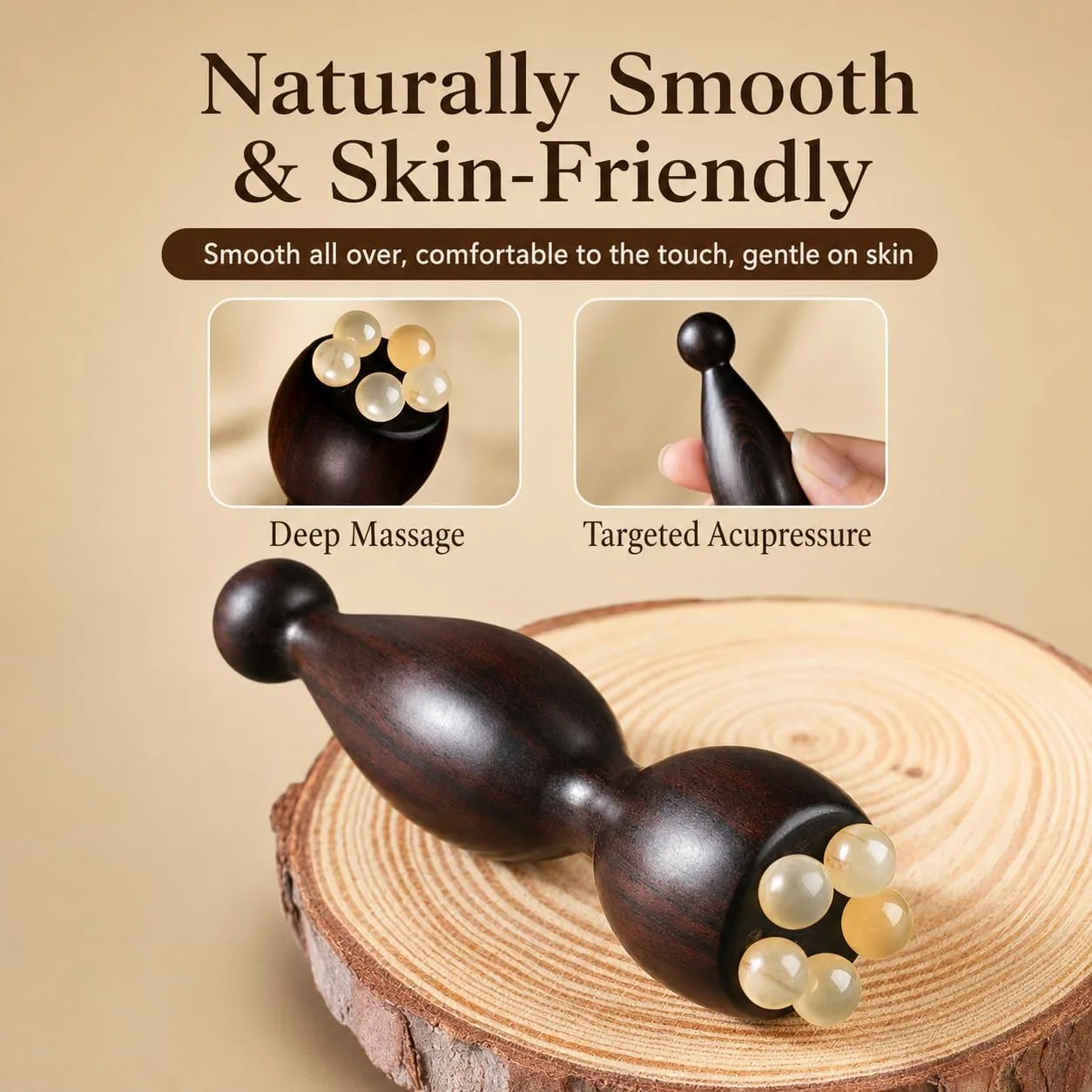 Eye Massage Tool, Sandalwood Eye Massager Tool with 5 Smooth Horn Beads, Dual-End Eye Roller Tool for Puffy-Looking Eyes, Eye Massage Stick for Face and Under Eye Self Care, 1 Pack